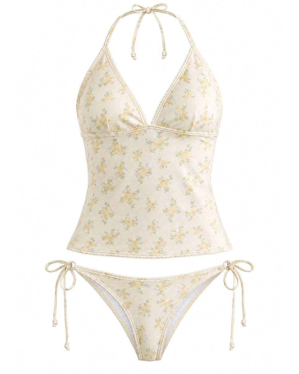 Buttercream Daisy Tie-Side Tankini Set